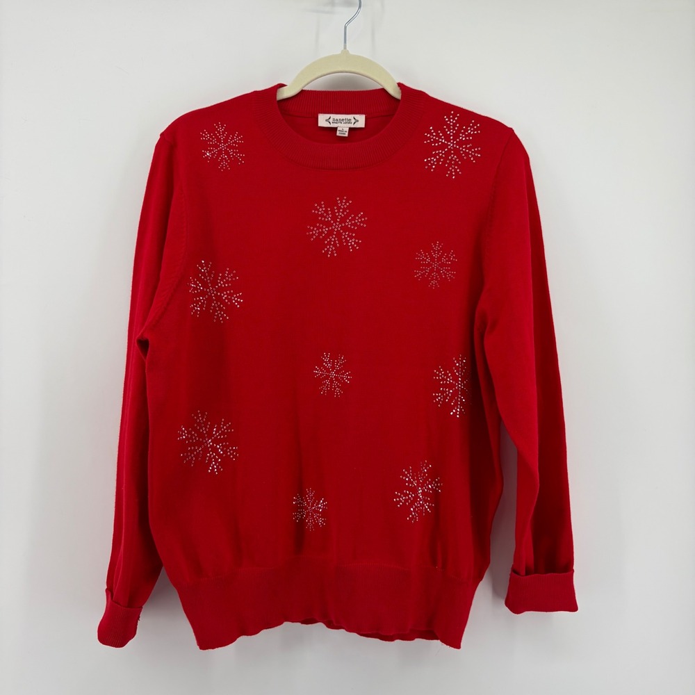 Nanette Lepore Womens Large Red Sweater Rhinestone Snowflake Holiday Pullover